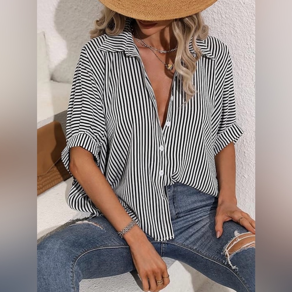 SHEIN Monochrome Striped Button-Up Blouse